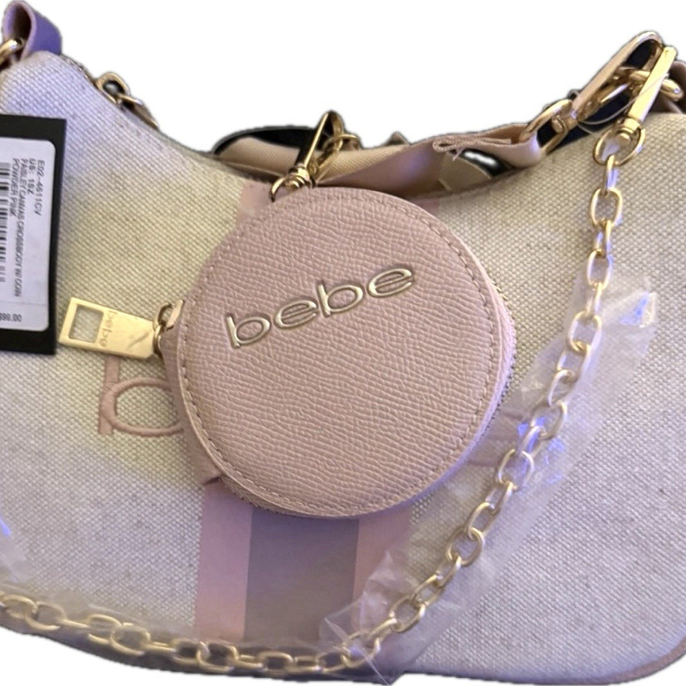 BEBE Paisley Canvas Crossbody with Coin Bag Powder Pink and Gold Accents